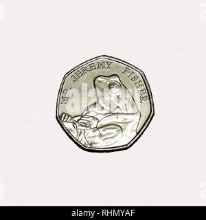 Limited edition British 50p piece coin commemorating Beatrix Potter character Mr Jeremy Fisher Stock Photo