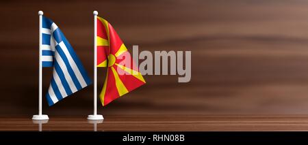 Greece and North Macedonia relations. Miniature flags on wooden background, banner, copy space. 3d illustration Stock Photo