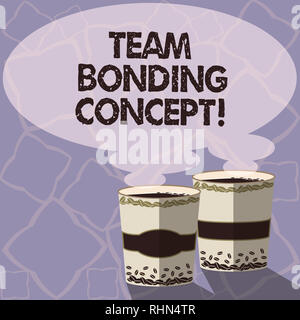 Handwriting text writing Team Bonding Concept. Concept meaning Improve workplace projects that involve teamwork Two To Go Cup with Beverage and Steam  Stock Photo