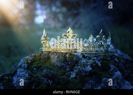 mysterious and magical photo of gold king crown over the stone covered with moss in the England woods or field landscape with light flare. Medieval pe Stock Photo