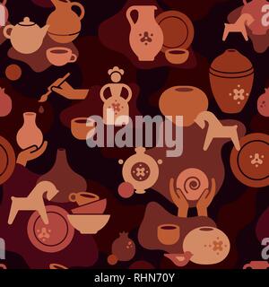 Seamless pottery pattern with vases and others ceramic. Clay horse, women, and other dishes. Stock Vector