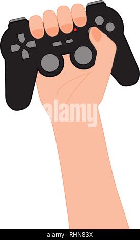 Arm holding in high a black video games controller isolated on white. Gamer concept of victory. Gamepad with red light, buttons and joysticks. Stock Vector