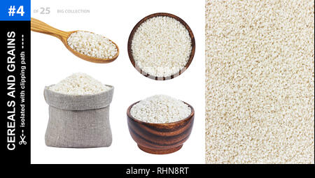 Risotto rice in different dishware isolated on white background Stock Photo