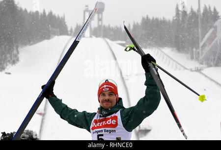 Klingenthal, Germany. 03rd Feb, 2019. Nordic Combined, World Cup, Single, Large Hill, 10 km. Fabian Rießle from Germany is happy about his third place. Credit: Hendrik Schmidt/dpa-Zentralbild/dpa/Alamy Live News Stock Photo