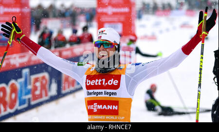 Klingenthal, Germany. 03rd Feb, 2019. Norway's Jarl Magnus Riiber clinches the Nordic combined World Cup title with a 10th season win. Credit: Hendrik Schmidt/dpa-Zentralbild/dpa/Alamy Live News Stock Photo