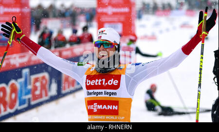 Klingenthal, Germany. 03rd Feb, 2019. Nordic Combined, World Cup, Single, Large Hill, 10 km. Jarl Magnus Riiber from Norway is happy about his victory at the finish. Credit: Hendrik Schmidt/dpa-Zentralbild/dpa/Alamy Live News Stock Photo