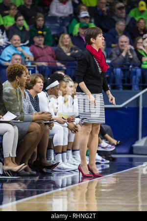 South Bend, Indiana, USA. 03rd Feb, 2019. Notre Dame head coach Muffet McGraw shouts instructions to her team during NCAA Basketball game action between the Georgia Tech Yellow Jackets and the Notre Dame Fighting Irish at Purcell Pavilion at the Joyce Center in South Bend, Indiana. John Mersits/CSM/Alamy Live News Stock Photo