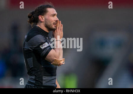 Sale, UK. 03rd Feb, 2019. Newcastle Falcons's Tom Arscott  3rd February 2019, A J Bell Stadium, Sale, England;  Premiership Rugby Cup, Sale Sharks vs Newcastle Falcons   Credit: Terry Donnelly/News Images Credit: News Images /Alamy Live News Stock Photo