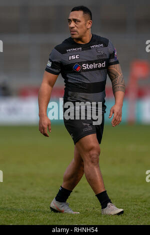 Sale, UK. 03rd Feb, 2019. Newcastle Falcons's Sinoti Sinoti  3rd February 2019, A J Bell Stadium, Sale, England;  Premiership Rugby Cup, Sale Sharks vs Newcastle Falcons   Credit: Terry Donnelly/News Images Credit: News Images /Alamy Live News Stock Photo