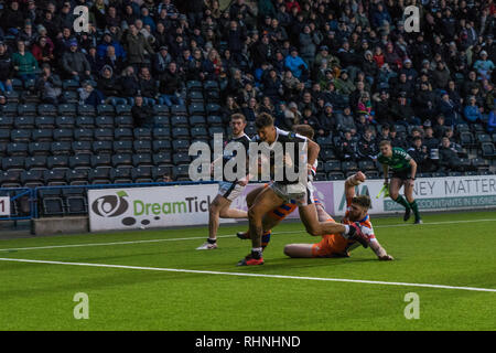 Anthony Gelling gets his 2nd try of the afternoon. Widnes Vikings vs Halifax RLFC 3rd February 2019 Stock Photo