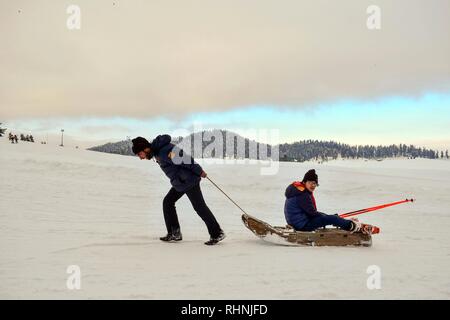 February 3, 2019 - Gulmarg, J&K, India - An Indian tourist seen enjoying a ride on snow sledge at a famous ski resort in Gulmarg, about 55kms from Srinagar, Indian administered Kashmir.Gulmarg, situated in the foothills of the Himalayas at 2,745 meters (9,000 feet) above sea level, is regarded as one of the leading ski destinations in South Asia. Credit: Saqib Majeed/SOPA Images/ZUMA Wire/Alamy Live News Stock Photo