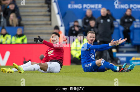 Leicester, UK. 03rd Feb, 2019. Jesse Lingard of Man Utd & James Maddison of Leicester City during the Premier League match between Leicester City and Manchester United at the King Power Stadium, Leicester, England on 3 February 2019. Photo by Andy Rowland. Credit: Andrew Rowland/Alamy Live News Stock Photo