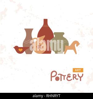 Craft vases pottery of clay. Handmade Clay Pottery Workshop. Artisanal Creative Craft Sign Concept. Stock Vector