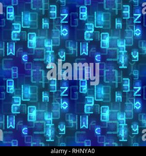 A lot of bright blue digital retro electronic led signs on dark, complicated calculations seamless pattern Stock Vector