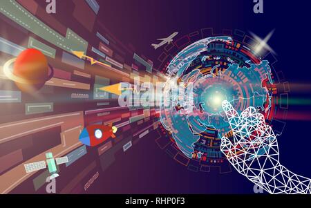 Simply geometric triangular hand touching colorful abstract digital technology screen with world map, Artificial intelligence and future concept. vect Stock Vector