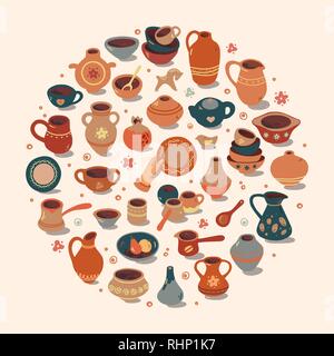 Pottery workshop, ceramics classes banner illustration. Vector line icon of clay studio tools. Hand building, sculpturing equipment. Art shop circle template. Stock Vector