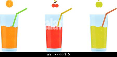 Fruit juice in a glass cup, juice from orange, cherry and apple on a white background Stock Vector