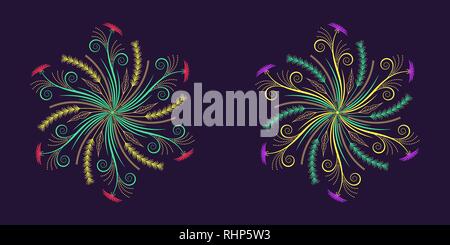 Floral flourish ornament in calligraphic style with 6 repeating rays. Vector radial decoration, round herbal bouquet with flowers and leaves, branches Stock Vector
