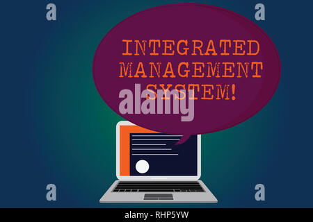 Handwriting text Integrated Management System. Concept meaning combines all components of a business into one Certificate Layout on Laptop Screen and  Stock Photo