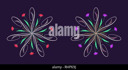 Floral flourish ornament in calligraphic style with 7 repeating rays. Vector radial decoration, round herbal bouquet with flowers and leaves, branches Stock Vector
