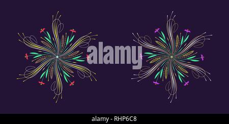 Floral flourish ornament in calligraphic style with 6 repeating rays. Vector radial decoration, round herbal bouquet with flowers and leaves, branches Stock Vector