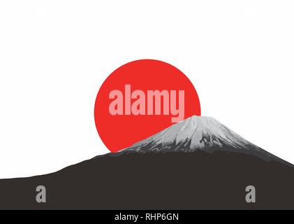 Mount Fuji and red rising sun. Flag and symbol of Japan. Stock Vector