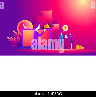 Time management concept. Small people stand near labtop with boss online. Poster for web page, banner, presentation. Flat design vector illustration Stock Vector