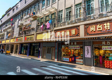 XIAMEN, CHINA -OCTOBER 09: Traditional architecture and storefronts on a shopping street in the downtown area on October 09, 2018 in Xiamen Stock Photo