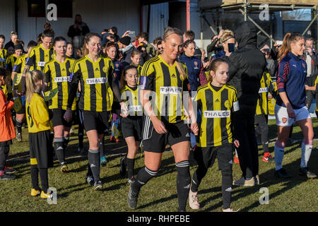 3rd February 2019, Tinsley Lane, Crawley, England; SE Women's FA Cup, 4th Round, Crawley Wasps Ladies vs Arsenal Women ; Players enter the pitch for this cup tie   Credit: Phil Westlake/News Images Stock Photo