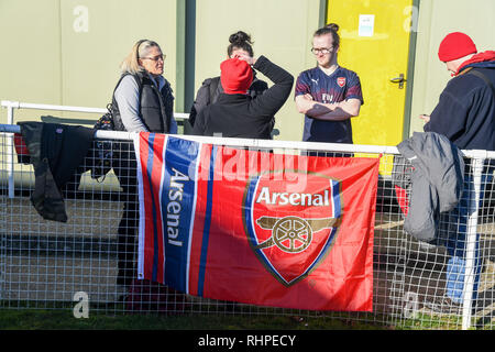 3rd February 2019, Tinsley Lane, Crawley, England; SE Women's FA Cup, 4th Round, Crawley Wasps Ladies vs Arsenal Women ; arsenal supporters before the game   Credit: Phil Westlake/News Images Stock Photo
