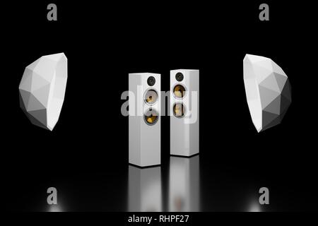 Two modern and luxury loudspeakers standing on the floor, 3d render models in high quality resolution. Stock Photo