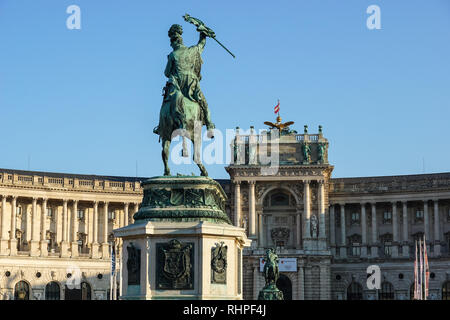 Equestrian statue of Archduke Karl on Heldenplatz in Vienna, Austria with the Hofburg palace in the background Stock Photo
