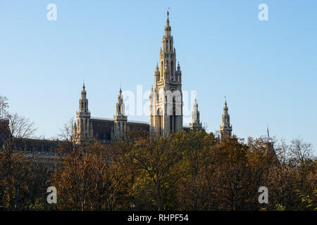 Volksgarten Park and Garden in autumn and City Hall building, Vienna, Austria Stock Photo