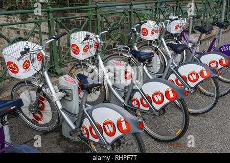 Rental bike station, parked bicycles in Vienna, Austria Stock Photo