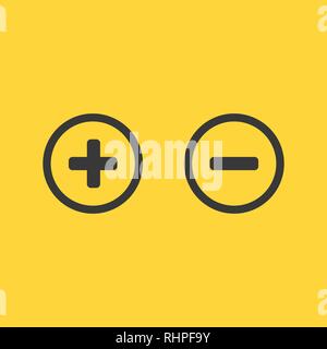 Plus and minus in circle connected electric circuit with pulse. Vector illustration isolated on yellow Stock Vector