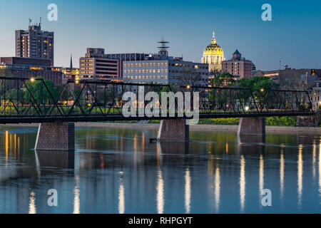 Harrisburg, Pennsylvania night skyline from the Market Street bridge with state capitol dome in the background. Stock Photo