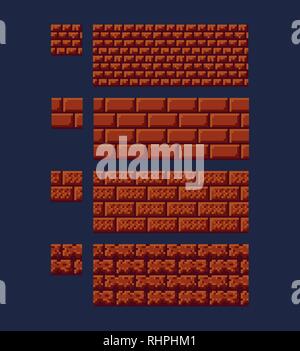 Vector illustration - set of 8 bit 16x16 red brick texture. Pixel art style game background pattern brown isolated Stock Vector