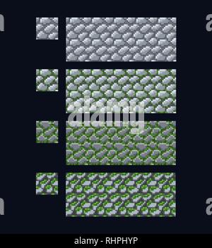 Vector illustration - set of 8 bit 16x16 stone brick texture. Pixel art style game background seamless pattern grey and green isolated Stock Vector