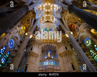 BARCELONA, SPAIN - CIRCA MAY 2018: Interior of La Sagrada Familia, a famous Cathedral in Barcelona designed by Antoni Gaudi. View of the interior colu Stock Photo