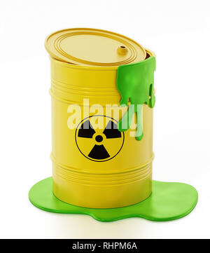 Toxic barrels with a leaking green substance. 3D illustration. Stock Photo