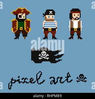 Pixel art characters set. Pirate crew members - captain, cabinboy. Black pirate flag with skull and bones. 8-bit design game assets. Vector Stock Vector