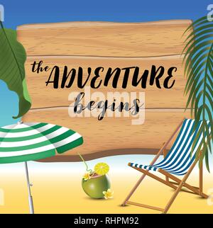 The adventure begins typography inscription with parasol, chaise launge and coconut coctail on beach background. Realistic sun flare. Stock Vector
