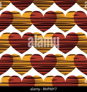 Red and yellow hearts with stripes. Seamless pattern background. Vector illustration. Design for textiles Stock Vector