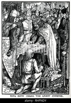 King John signs the Great Charter. By Henry Justice Ford (1860-1941). King John (1166-1216), also known as John Lackland, was King of England from 1199 to 1216. The baronial revolt at the end of John's reign led to the sealing of Magna Carta. Stock Photo