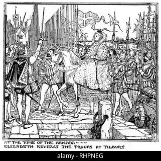 At the time of the Armada, Elizabeth reviews the troops at Tilbury. By Henry Justice Ford (1860-1941). The Spanish Armada (Grande y Felicísima Armada) was a Habsburg Spanish fleet of 130 ships, under the command of the Duke of Medina Sidonia, with the purpose of escorting an army from Flanders to invade England. The aim was to overthrow Queen Elizabeth I and her establishment of Protestantism in England. On 8th August 1588 Elizabeth went to Tilbury to encourage her forces, and the next day, legend has it, arrived on horseback in her own personal battle armour. Stock Photo