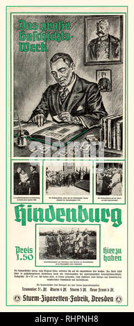 Original vintage advertising poster in German for Sturm Cigarette Cards - Hindenburg The Great History - featuring a black and white drawing of a man smoking a Trommler cigarette in his office and putting images into a photograph album with portraits on the wall behind him and books and an ink well on the desk in the foreground and, below, smaller photo images with descriptions found on the cigarette cards relating to Hindenburg including a portrait of the Hindenburg family in 1880, the President of the Reich visiting Tannenbergfeier and Hitler shaking hands with the President of the Reich. Stock Photo