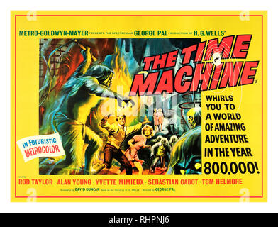 1960 Vintage Science Fiction Movie Film Poster for ‘The Time Machine’ by H.G. Wells The Time Machine (also known promotionally as H. G. Wells' The Time Machine) is a 1960 American science fiction film in ‘Futuristic Metrocolor’ from Metro-Goldwyn-Mayer, produced and directed by George Pal, that stars Rod Taylor, Yvette Mimieux, and Alan Young. Stock Photo
