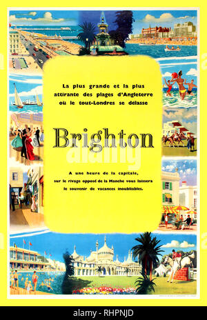 Vintage BRIGHTON 1950’s travel advertising poster in French language to promote the English south coast town of Brighton in France  'where everyone from London goes to enjoy the biggest and best beach of England'. Colourful design  depicting various attractions and activities available to French tourists visiting Brighton, including people playing beach ball in the sea, a view of the beach and seafront buildings along the Promenade, palm trees and flowers, horses, ballroom dancing, sailing and rowing boats, people swimming in an outdoor swimming pool... Stock Photo