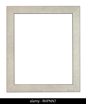 empty flat gray wooden picture frame with cut out canvas isolated on white background Stock Photo