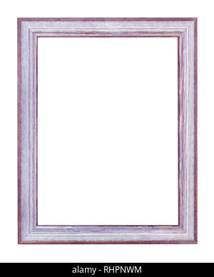 empty purple and silver painted wooden picture frame with cut out canvas isolated on white background Stock Photo